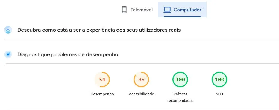 Performance De Website Antes De Otimização Em Desktop